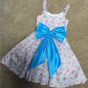 Girl’s Handmade Floral Dress with Blue Bow, | Vintage Aesthetic |‎ Size 5